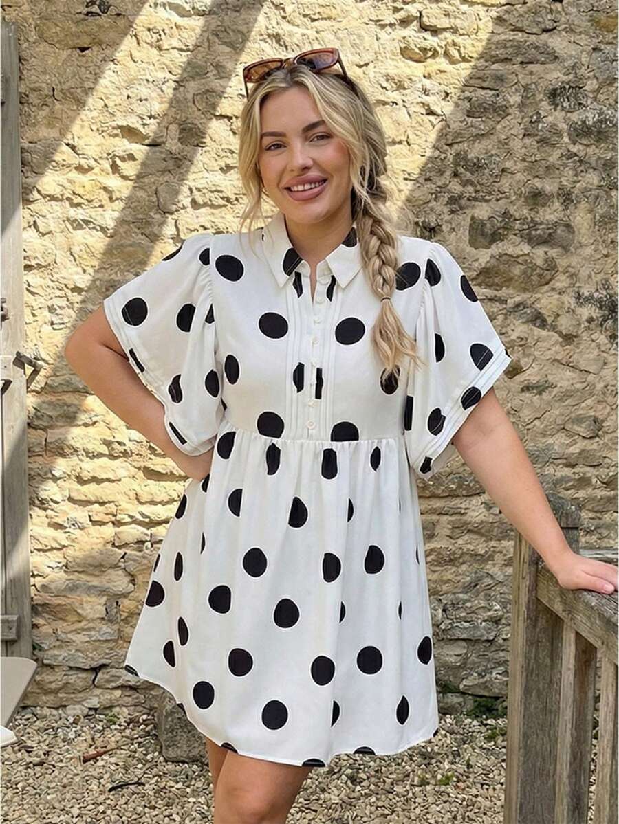 Women Polka Dot Ruffle Sleeve Collared Mini Dress Button Down V Neck Ruched Babydoll Sundress Going Out Short Dresses - 白色 - 查看 1