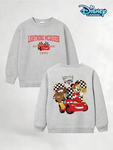 Boys' Crew Neck Pullover Sweatshirt, Suitable For Spring, Autumn, And Winter, For Children Aged 8-12. Gray, Loose And Comfortable Fit. Front Features "LIGHTNING MCQUEEN" In Red Lettering And A Lightning McQueen Racing Car Print. Back Features A Collaboration Of Lightning McQueen, Mater, And Mickey Mouse. Disney Cars Themed Design. Skin-Friendly And Breathable Fabric. Can Be Paired With Jeans, Sweatpants, Or Casual Shorts For Various Looks. Suitable For School, Weekend Outings, Family Gatherings, Disneyland Visits, And More. Eye-Catching Cartoon Design, A Must-Have For Back-To-School Season. Machine Washable And Durable. Fits All Body Types. Versatile And Practical Children's Top. Popular American Children's IP Collaboration Sweatshirt. Boys' Everyday Casual Top. Disney-Themed Children's Fun Printed Pullover Sweatshirt. Comfortable And Skin-Friendly Top For Teenagers. Unique Patterned Boys' Sweatshirt. - Màu Xám nhạt - Xem 3