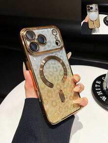 1pc Ombre Leopard Glitter Magnetic Adsorption Electroplated Lens Protective TPU Phone Case Compatible With IPhone 17 - Gold - View 4