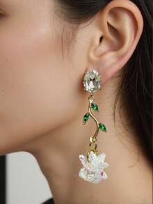1 Pair Fashionable Delicate Geometric Crystal Flower & Leaf Dangle Earrings, Suitable For Daily Wear - Multicolor - View 1