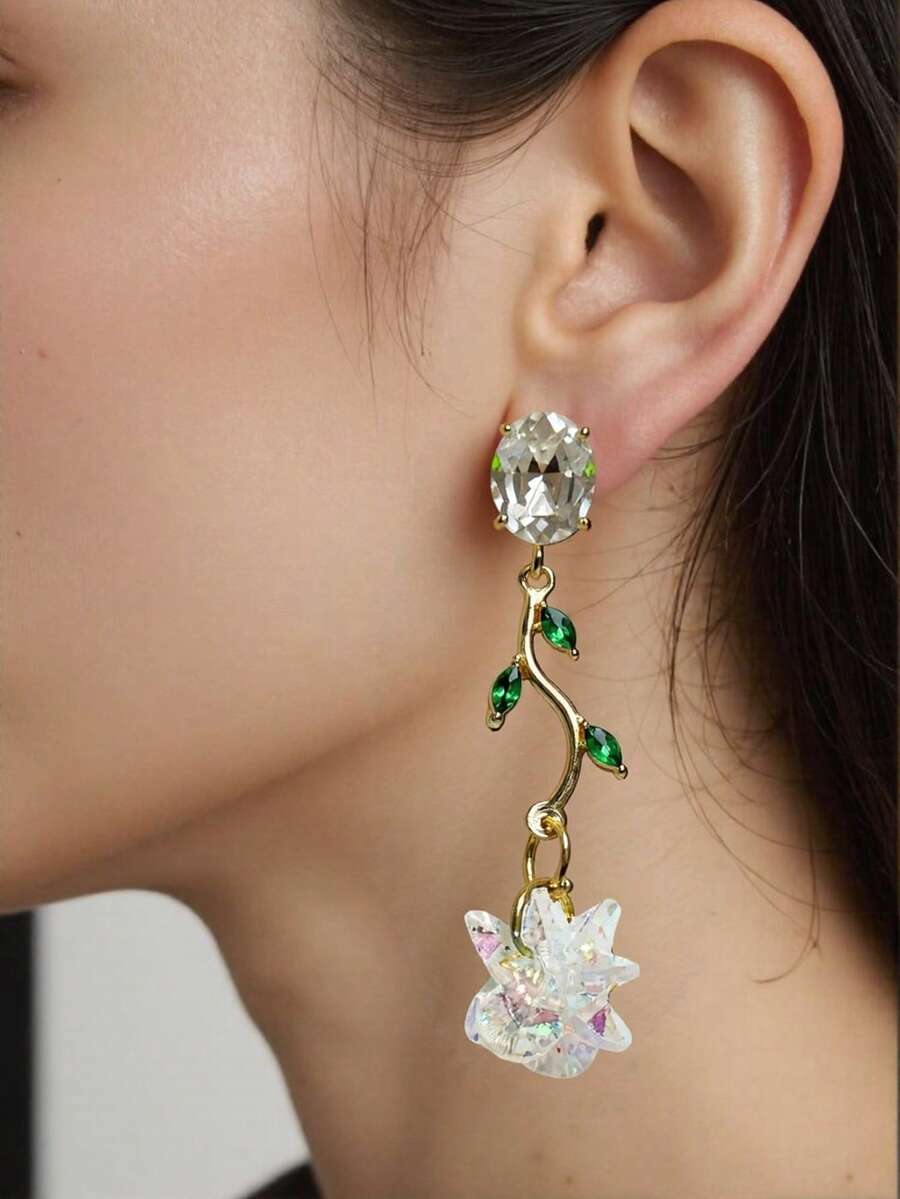 1 Pair Fashionable Delicate Geometric Crystal Flower & Leaf Dangle Earrings, Suitable For Daily Wear - Multicolor - View 1