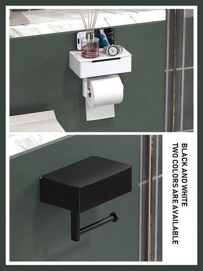 壁挂式卫生纸架，带手机托盘和储物盒，浴室无纸化卫生纸架，顶部搁板可放置手机、香水、湿巾，隐藏式抽屉可放置小物件，适用于标准卫生纸卷