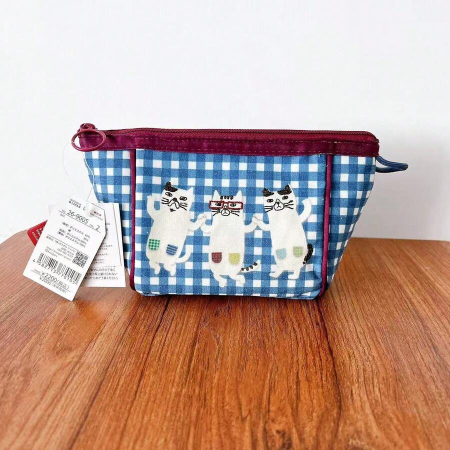 Kusugu 刺繍猫メガネチェック柄小銭入れ/クラッチバッグ 毎日の通勤に最適 - ブルー - チェックする 1