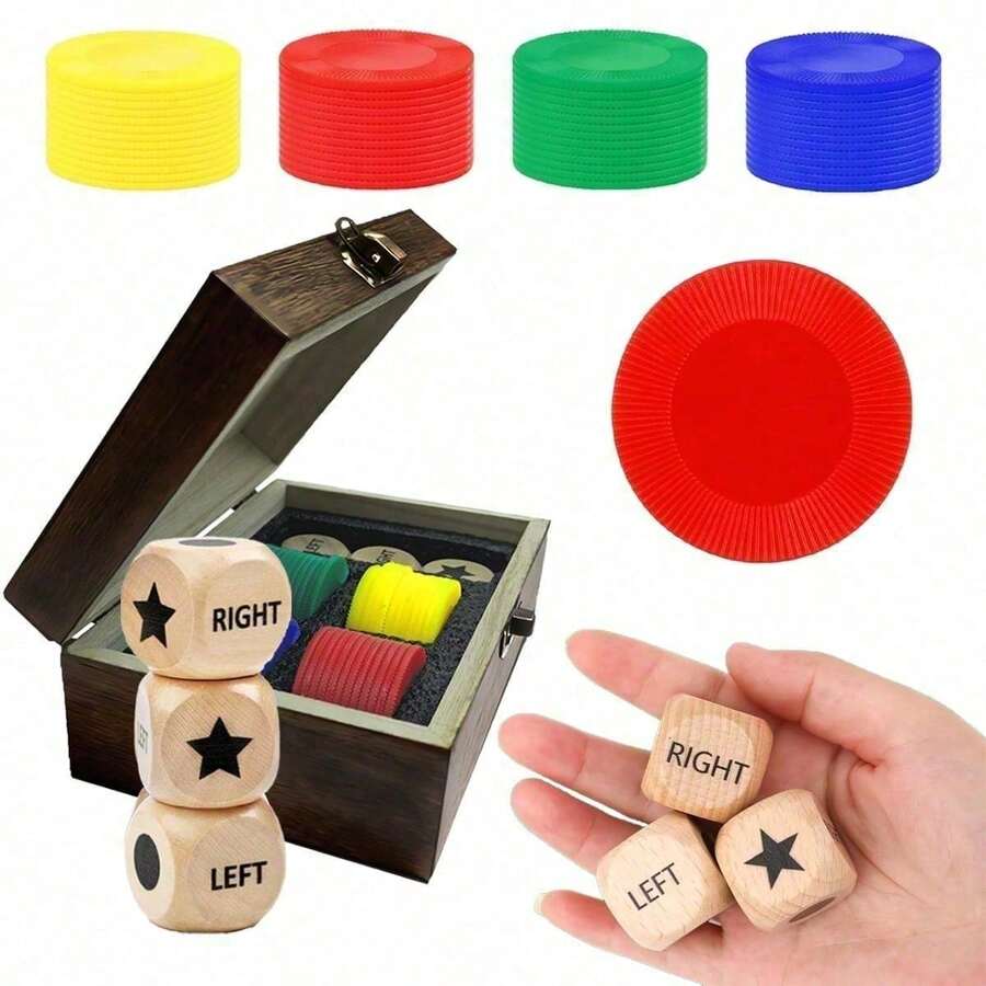Left Right Center Dice Game Set, 3 Pcs 1-Inch Wooden Dices With Chips In Bamboo Storage Box, Portable Travel-Friendly Game For On-The-Go Fun - Gỗ - Xem 1