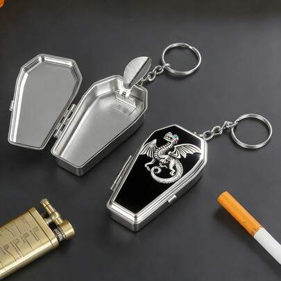 1pc Portable Stainless Steel Ashtray, Magic Series Pattern, Portable Smoking Accessory Gift, Gothic Coffin Appearance, Fire-Breathing Dragon, Magic Book Design