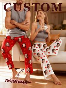 Individuelle Foto-Pyjamahose - Personalisierte Haustier-Pyjamahose für Herren und Damen - Paar-Gesicht-Pyjama Geschenk für Ehemann. Perfektes Geschenk für Ehemann/Ehefrau zur Hochzeit - Rot - Übersicht 1