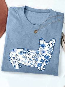 Women's Spring/Summer Corgi & Blue Floral Print T-Shirt, Mother's Day Gift Casual - Dusty Blue - View 1