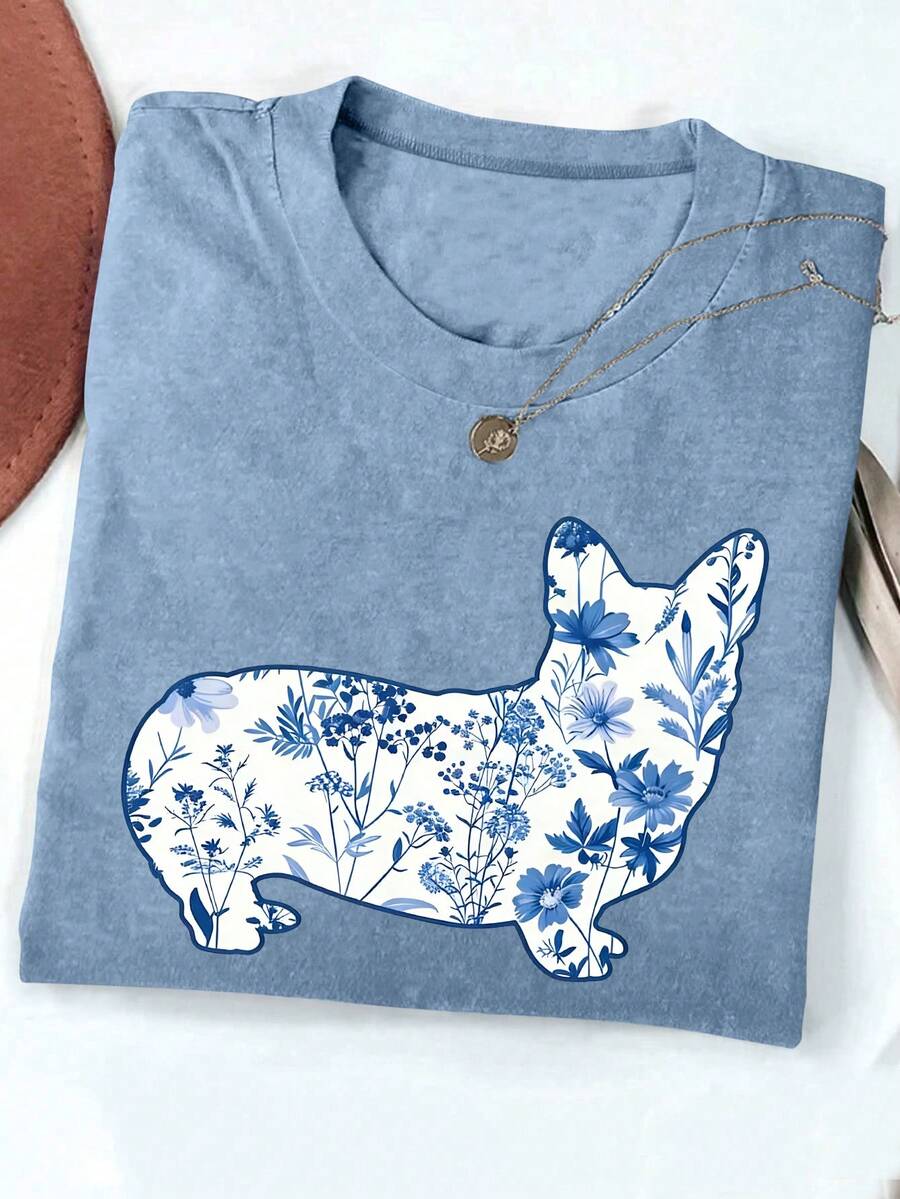 Women's Spring/Summer Corgi & Blue Floral Print T-Shirt, Mother's Day Gift Casual - Dusty Blue - View 1