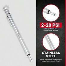 Accu-Gage Pencil Tire Pressure Gauge (2-20 PSI) Heavy Duty Stainless Steel Low Pressure Gauge Single Head Air Chuck Wi/Built-In Deflator, 4 Replacement Tire Valve Caps - / - View 4