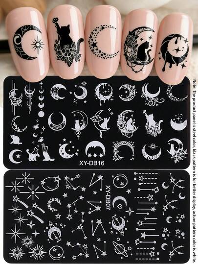 1pc/2pcs Stars Crescent Moon Nail Art Stamping Plate, Starlight Cat Flower Design Y2K Style Printing Template Nail Art Accessories Tools, DIY Manicure Salon, Nail Supplies