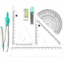 Protractor And Compass Set School, Geometry Set, Compass Geometry 7P Metal Compass Ruler Eraser Leads Blue - View 1
