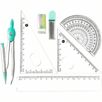 Protractor And Compass Set School, Geometry Set, Compass Geometry 7P Metal Compass Ruler Eraser Leads Blue