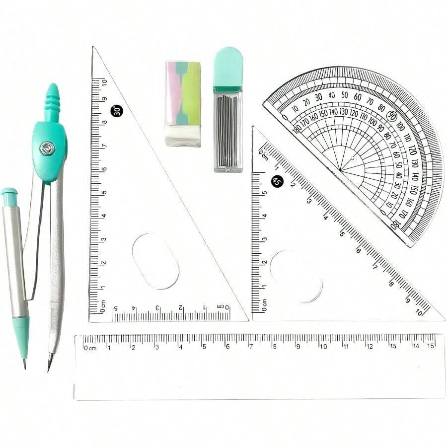 Protractor And Compass Set School, Geometry Set, Compass Geometry 7P Metal Compass Ruler Eraser Leads Blue - View 1
