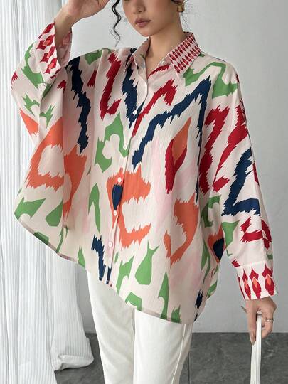 1件女士几何图案印花翻领单排扣开衫长袖插肩袖优雅衬衫 - 舒适透气，适合节日穿着，完美适用于工作、日常穿着、派对、宴会、婚礼、新年和其他场合，是斋月、开斋节、新年、母亲节和其他节日送给女友、妻子、母亲的理想礼物。