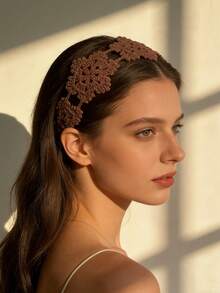 1pc Boho Style Brown Crochet Flower Headband - Handmade Tie-Up Headpiece Suitable For Countryside, Music Festival And Beach Fashion - Brown - View 1