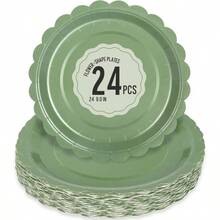 24 Pcs Sage Green Paper Plates 9 Inch Scalloped Dessert Plates - Disposable Sage Green Cake Plate - Shower Birthday Party Wedding Bridal Party Supplies - 鼠尾草綠 + 24 件 - 查看 2