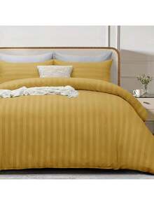 My Home Store White Double Duvet Cover Set 4 Pcs Satin Stripe Duvet Covers Soft Brushed Microfiber Bedding Set With Fitted Sheet 30 Deep & 2 Pillowcases - 赭石 - 查看 2