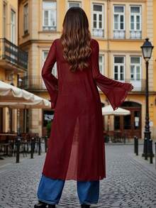 Womens Sheer Ruffle Tops Flare Long Sleeve V Neck Fashion Solid Color Tie up Front Going Out Shirts - Rojo - Ver 6
