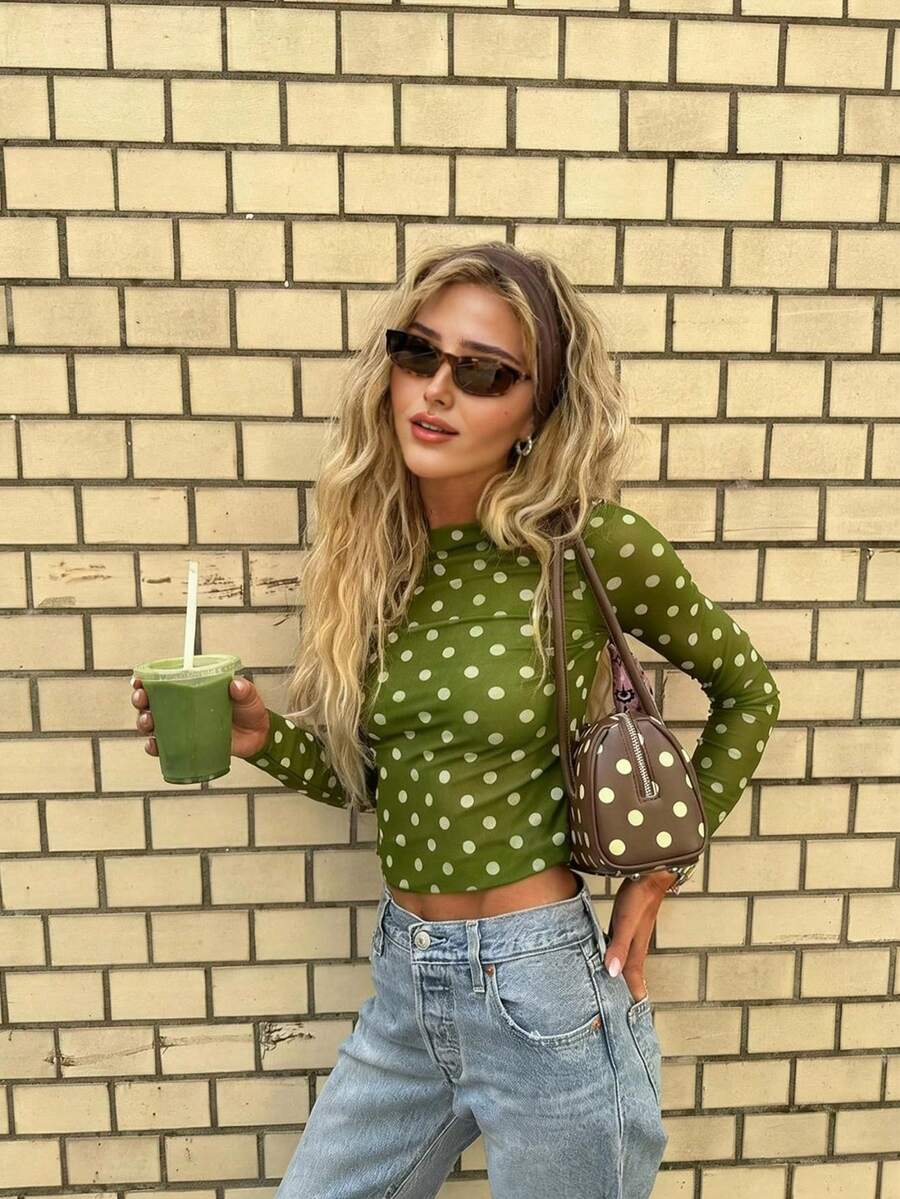 Women's Elegant Casual Fashion Sexy Mesh Classic Polka Dot Cropped Top - Boat Neck, Front Ruching, Waist Ruching Details, Sheer Long Sleeves Vacation - Olive Green - View 1