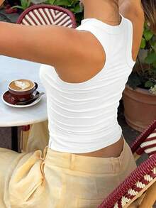 Áo tank top nữ màu trắng kiểu Y2K không tay cổ tròn, thích hợp mặc mùa hè. - trắng - Xem 2