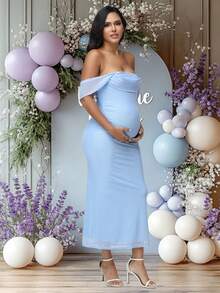 JustVH Đầm bầu maxi trễ vai, đầm bầu ôm sát xếp ly bằng vải lưới, thích hợp cho tiệc mừng em bé sắp chào đời và chụp ảnh bầu. - Màu xanh nhạt - Xem 4