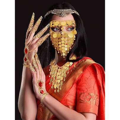 1 Bộ (6 món) Khăn che mặt tua rua, Mặt nạ nhiều lớp hình đồng xu độc đáo, Mặt nạ tam giác rỗng phóng đại kiểu Châu Âu và Mỹ, Phụ kiện cho khiêu vũ, múa bụng, biểu diễn khiêu vũ, bao gồm vòng tay, móng tay giả, vòng cổ, bông tai