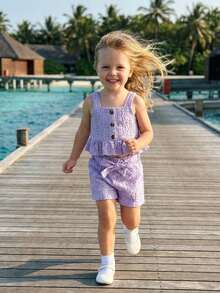 Toddler Baby Girl Summer Clothes Ruffle Sleeveless Embroidery Shirts Tank Tops Cute Bloomers Shorts Set Outfits - Purple - View 3