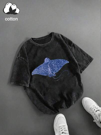 大码纯棉女夏季T恤 - 纯棉，夏季女趣味印花“海洋生物”图案T恤，嘻哈韩版舒适复古时尚通勤百搭Y2K服装