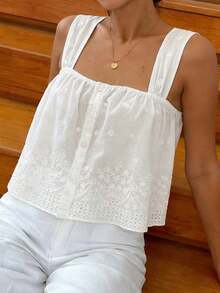 Standard Size Women's Spring/Summer Square Neck Camisole With Ruched Eyelet Embroidery Fabric Ruffled Hem Casual Vacation Short Shirt White - White - View 3
