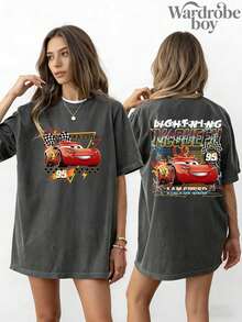 Disney Printed Wash Water T-Shirt,Retro Double-Sided Lightning McQueen Comfortable Color T-Shirt, Rusty Red Car T-Shirt, Piston Cup T-Shirt, Pixar Cars T-Shirt, Disney World Family Vacation T-Shirt,Unisex,High-Quality Pure Cotton T-Shirt,Suitable For All Seasons, Comfortable And Breathable| Exquisite Design | The Best Choice For Giving Gifts - 黑色 - 查看 1