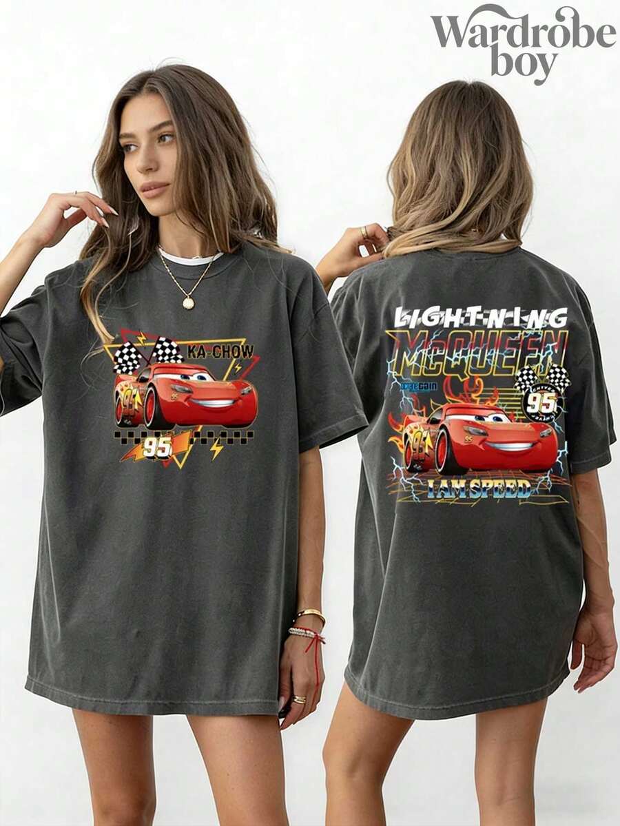 Disney Printed Wash Water T-Shirt,Retro Double-Sided Lightning McQueen Comfortable Color T-Shirt, Rusty Red Car T-Shirt, Piston Cup T-Shirt, Pixar Cars T-Shirt, Disney World Family Vacation T-Shirt,Unisex,High-Quality Pure Cotton T-Shirt,Suitable For All Seasons, Comfortable And Breathable| Exquisite Design | The Best Choice For Giving Gifts - 黑色 - 查看 1