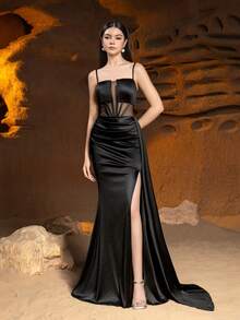 Alisa&Leo Elegant Satin Prom Dress - Spaghetti Strap Design, Waist Mesh Decor And High Slit Mermaid Hem - Suitable For Attending Balls, Galas, Weddings And Other Formal Occasions - Black - View 10