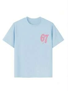Tween Girl Star Element Six Seven 67 Cartoon Print T-Shirt, Suitable For Girls Outdoor Sports, Casual Wear, Street Style, Campus Style, Fashionable Girls Spring/Summer Versatile Top - Baby Blue - View 8