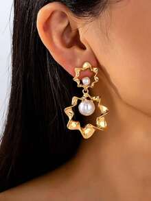 1对新款复古港式褶皱金属波浪珍珠奢华时尚优雅耳环 - 金黃色 - 查看 6