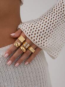 5pcs/Set Elegant Geometric Square Rhinestone Charm Metal Open Teardrop Ring Set, Luxurious Jewelry For Wedding, Party, Vacation, Daily Casual, Street Style, Women & Couples Gift - Ring - View 2