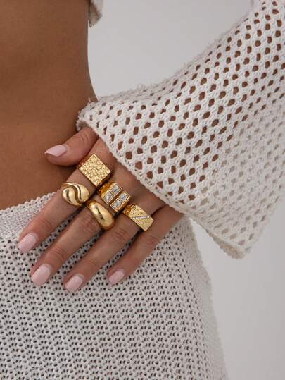 5pcs/Set Elegant Geometric Square Rhinestone Charm Metal Open Teardrop Ring Set, Luxurious Jewelry For Wedding, Party, Vacation, Daily Casual, Street Style, Women & Couples Gift