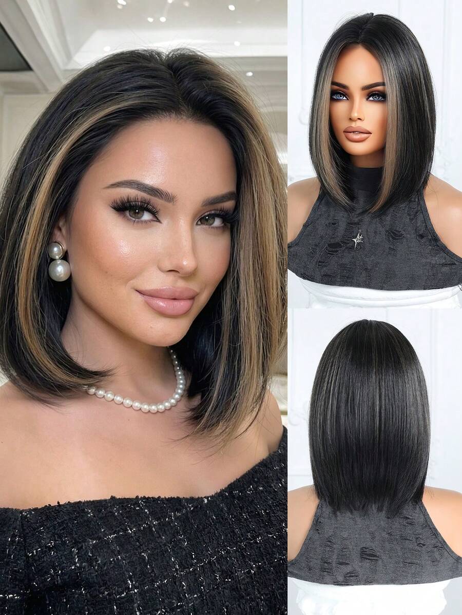14 Inch Black Brown Short Straight Synthetic Wig, With Personalized Short Hair, Made Of High-Temperature Fiber And Rose Net, Golden Color, Freely Trimmed, Fashionable And Versatile, Suitable For Beginners, Dopamine Style, Comfortable Wear, High Quality, Multi-Functional, Suitable For Daily, Party, Cosplay, Holiday, Music Festival, Carnival - Brown Highlight - View 1