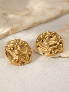 不锈钢不规则圆形耳环，独特设计，凹凸纹理元素，现代奢华风格，金色，女士日常通勤、派对、生日礼物 - 耳環 - 查看 4