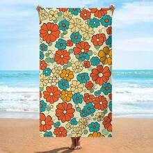 1pc Retro Orange & Blue Floral Microfiber Beach Towel, 360g 30x59inch, Durable & Soft Picnic & Summer Fun, High-End Grade - 30*59inch - View 1