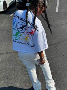 Colorful Figure Go With The Motion Print Tee (180g Cotton T-Shirt) 100% Cotton T-Shirt - Soft And Breathable, With A Summer Street Style, Cool Design, Exuding A Retro Summer Vibe, Suitable For Daily Wear By Both Men And Women. - trắng - Xem 2