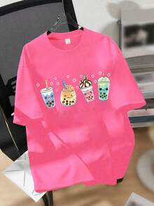 1件女童甜美可爱珍珠奶茶印花短袖T恤，舒适透气，夏季日常休闲装 - 玫紅色 - 查看 2