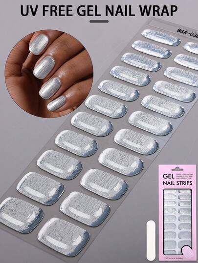 22片银色高光泽免UV凝胶美甲贴，春夏奢华风格贴片，不伤指甲，保护天然指甲，易于涂抹，适合女性日常工作、居家DIY美甲。