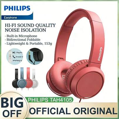 PHILIPS TAH4105 Wired Over-Ear Headphones With Bass, Suitable For Computer, Gaming, Monitoring - Noise-Proof, Foldable, Dynamic Bass And Comfortable Earcups, For Music, Gaming And Online English Learning