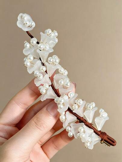 1pc Fairy-Like Lily Of The Valley Flower Hair Clip, Chinese Style Bun Clamp Hair Accessory, Travel Hair Pin, Bridal Hair Decor