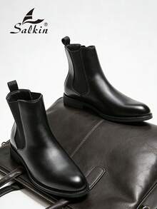 Salkin Vintage Designer Men's Chelsea Boots, Slip-On Style, Pointed Toe Design, Luxury Mid-Calf Ankle Boots, Men's Soft Genuine Leather Boots, Gentleman Business Formal Shoes, Casual Office Party Shoes, Romantic Dinner Date Gift, Back To School Student Shoes, Collegiate Style, Suggest Sizing Up One Size - Black - View 11