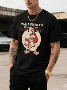 Men's Disney Casual T-Shirt, "Donald Duck Fire Chief" Print, Vintage Cartoon Design, Comfortable Soft Fabric, Ideal For Disney History Fans - màu đen - Xem 1