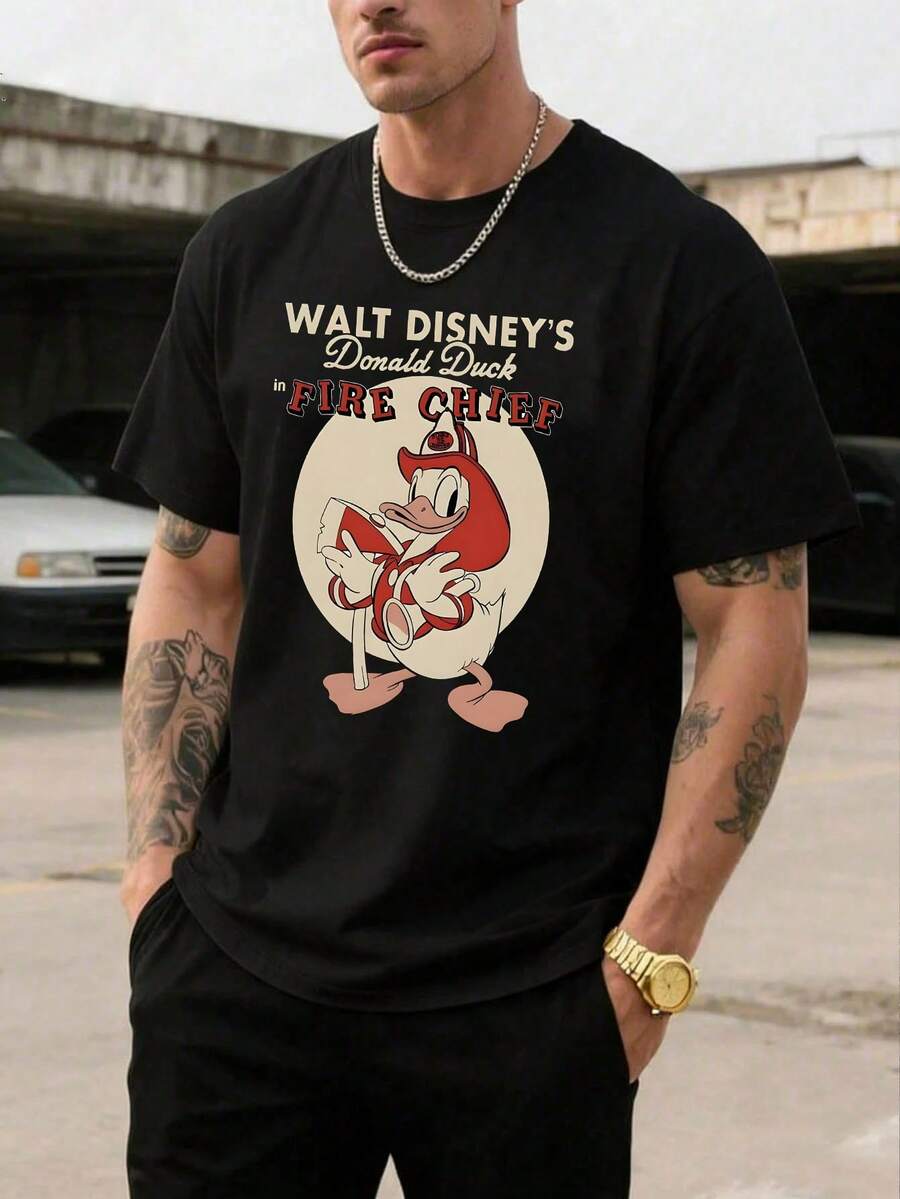 Men's Disney Casual T-Shirt, "Donald Duck Fire Chief" Print, Vintage Cartoon Design, Comfortable Soft Fabric, Ideal For Disney History Fans - màu đen - Xem 1