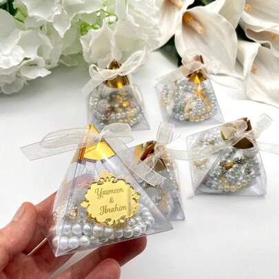Personalized Pearl Tasbeeh Favors: Islamic Rosary Gift In Pyramid Box,Valentine's Day Gift,Ramadan Decor Gift, Wedding Favor Tags