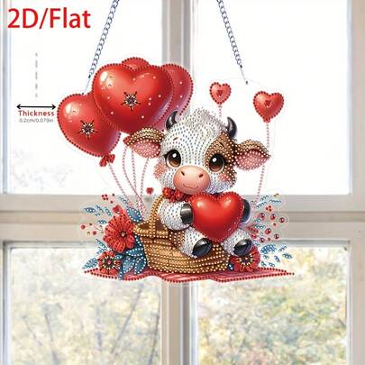 1件套2D/平面心形气球和小牛图案亚克力钻石画套装，家居花园装饰 | 可悬挂于窗户、墙壁、门上作为装饰品，适合成人初学者，是圣诞节、情人节的理想之选，完成后闪闪发光