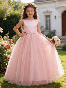 Đầm dài voan màu hồng thanh lịch cho bé gái tuổi teen, đính nơ ngọc trai giả, thích hợp cho đám cưới, bé gái cầm hoa, phù dâu, váy công chúa, váy dạ hội, tiệc sinh nhật, váy tốt nghiệp, lễ Phục sinh. - Màu Hồng baby - Xem 3